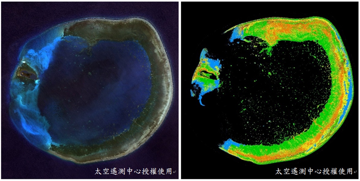 圖1.東沙環礁2013衛星影像(左)與底質環境分類影像(右，橘色為珊瑚類棲地；藍色為泥沙類棲地；綠色為海草類棲地；褐色為珊瑚碎礫類棲地；黃色為混合類棲地；黑色為本次研究未探討區域)