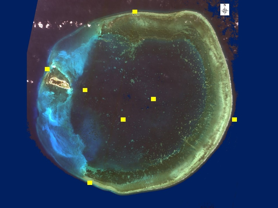 圖一、東沙環礁國家公園珊瑚礁總體檢長期固定測站位置圖