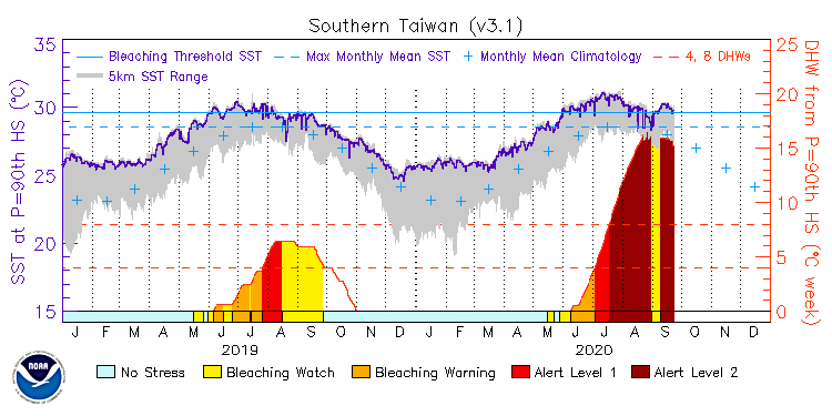 2019到2020年臺灣南部海域範圍海水表面溫度變化與珊瑚白化風險